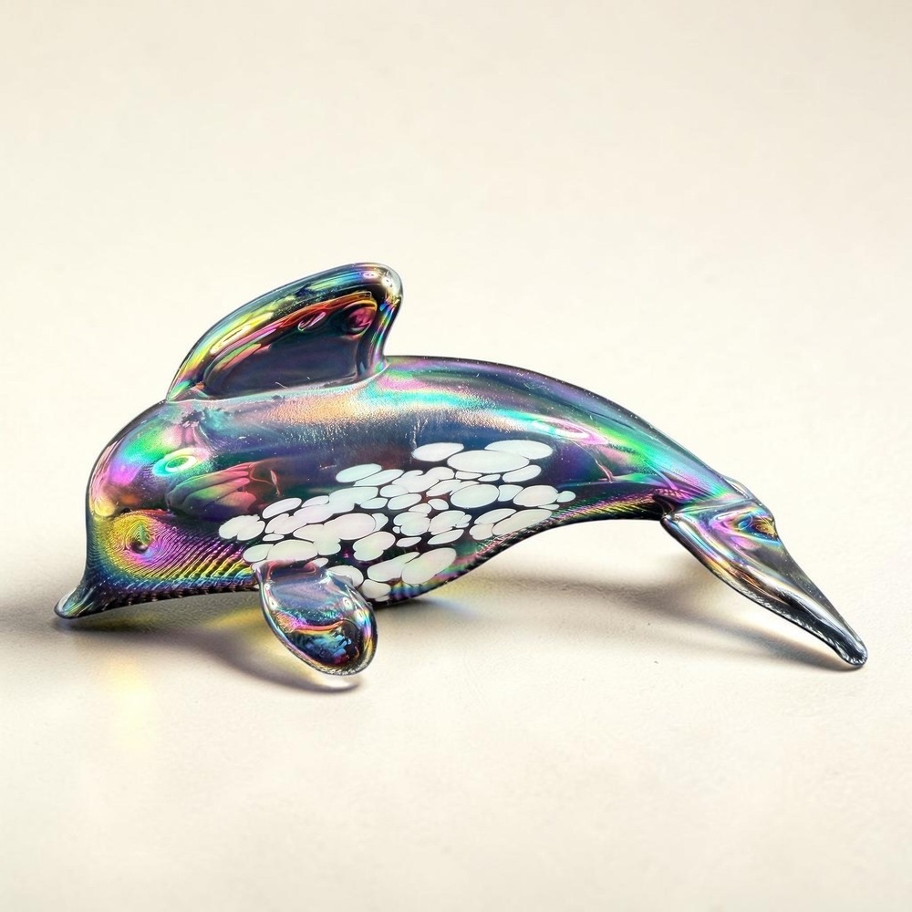 Pele of Hawaii Glass Iridescent Dolphin Figurine Carnival Glass White Spotted